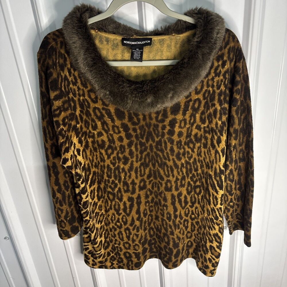 Vintage Norton Mcnaughton Cheetah Print Sweater With Faux Fur Collar XL